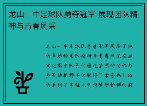 龙山一中足球队勇夺冠军 展现团队精神与青春风采