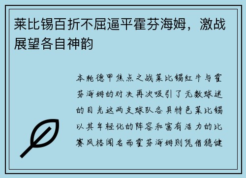 莱比锡百折不屈逼平霍芬海姆，激战展望各自神韵