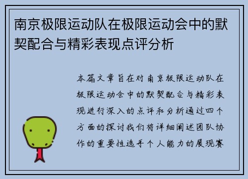 南京极限运动队在极限运动会中的默契配合与精彩表现点评分析